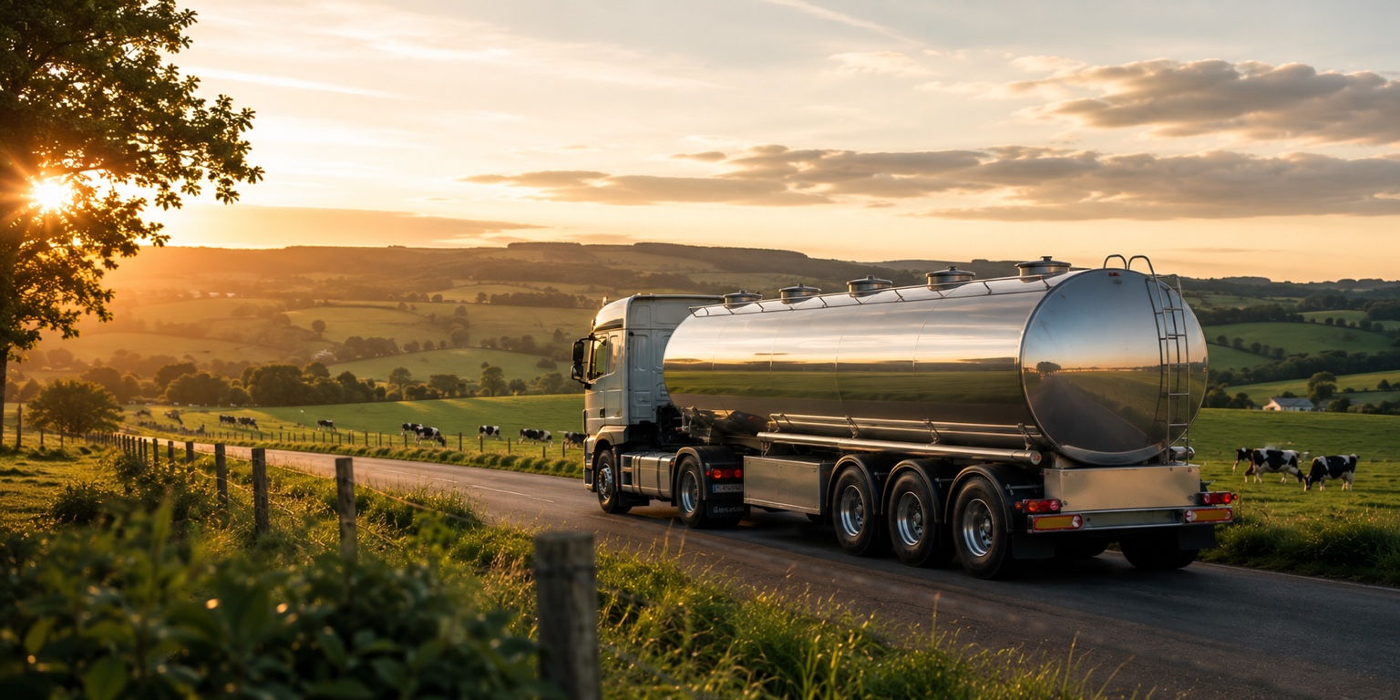Milk tanker moving through European dairy countryside